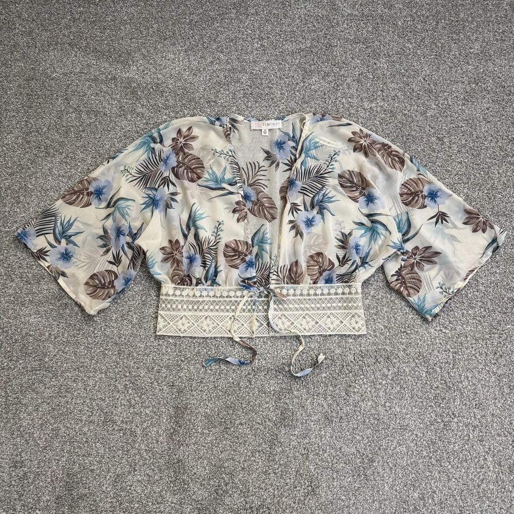 Timing Kimono Blouse Womens XS White Floral Sheer Crochet Waist Boho Summer Top